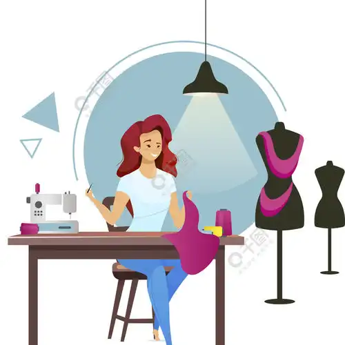 女孩切割织物.在白色的孤立的卡通人物.裁缝平面颜色矢量图