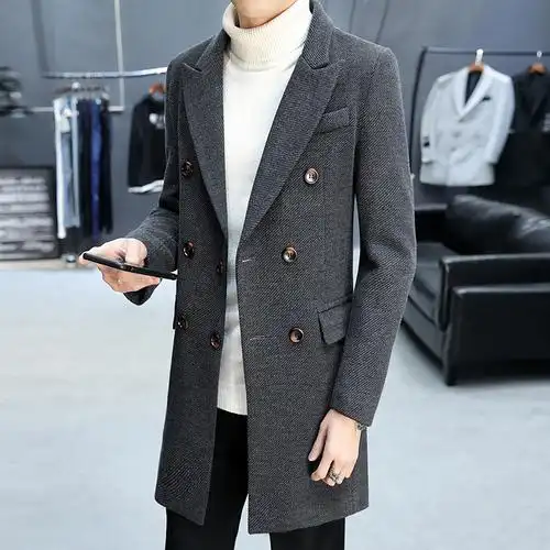 男士加厚呢子大衣英伦青年大码肥佬毛呢大衣男中长款双排扣外套潮