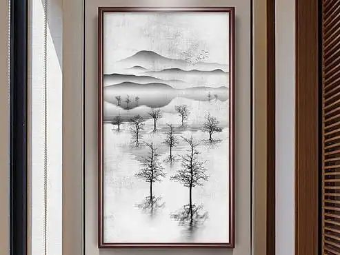 中式玄关背景墙-意境水墨山水树木黑白中国风装饰画