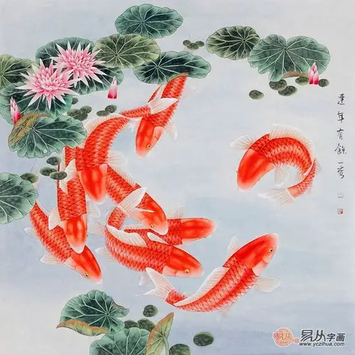王一容新品斗方九鱼图《连年有余》(作品来源:易从网)餐厅装饰挂画