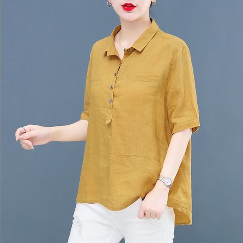 苎麻小衫女夏季短袖亚麻衬衫大码休闲中年妈妈装宽松纯色棉麻上衣