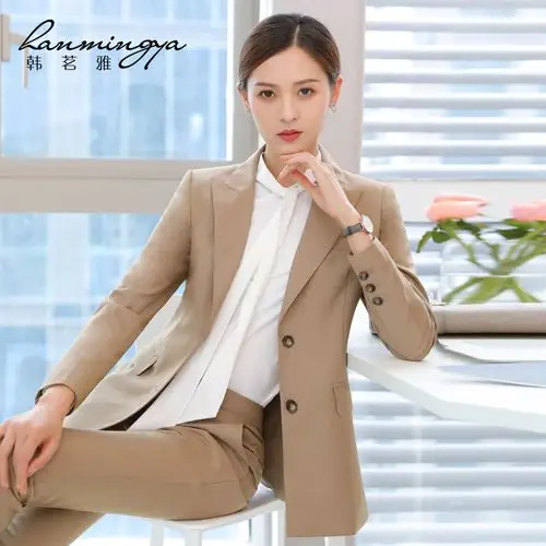 韩茗雅职业装气质女神范秋季卡其色西装马甲套装女三件套时尚西服