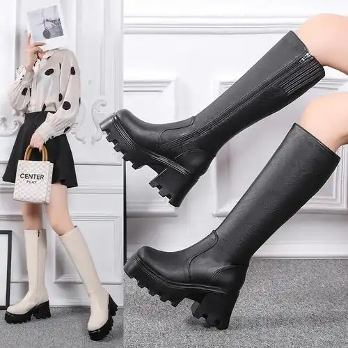 新款秋冬坡跟厚底长靴子女粗跟高筒时装靴显时装靴