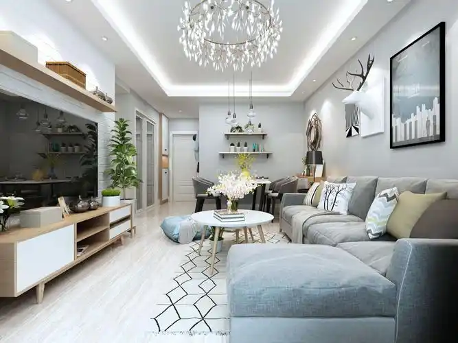 现代简约风格二居室客厅白色圆茶几装修效果图