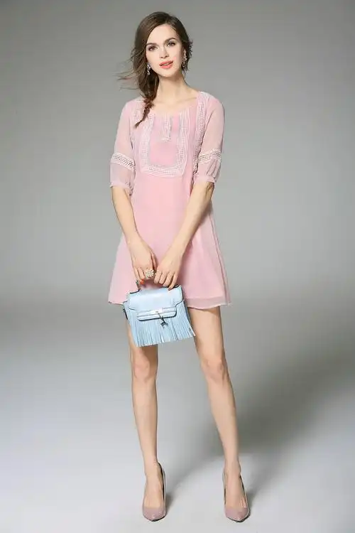 欧洲风2016春夏新款女装花边烫钻五分灯笼袖真丝雪纺连衣短裙