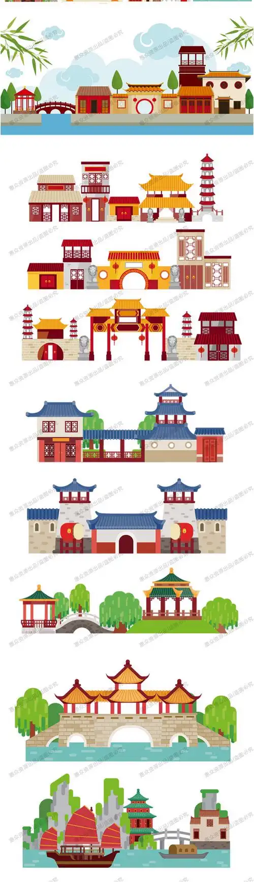 扁平化卡通中国风古代建筑集风景矢量设计素材eps图案日本小镇古镇
