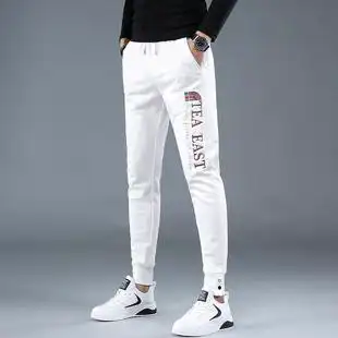 子男纯棉卫裤新款潮流白色运动裤裤2021秋冬款束脚加绒休闲裤修身