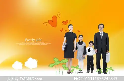 手拉手的幸福一家四口人psd分层素材