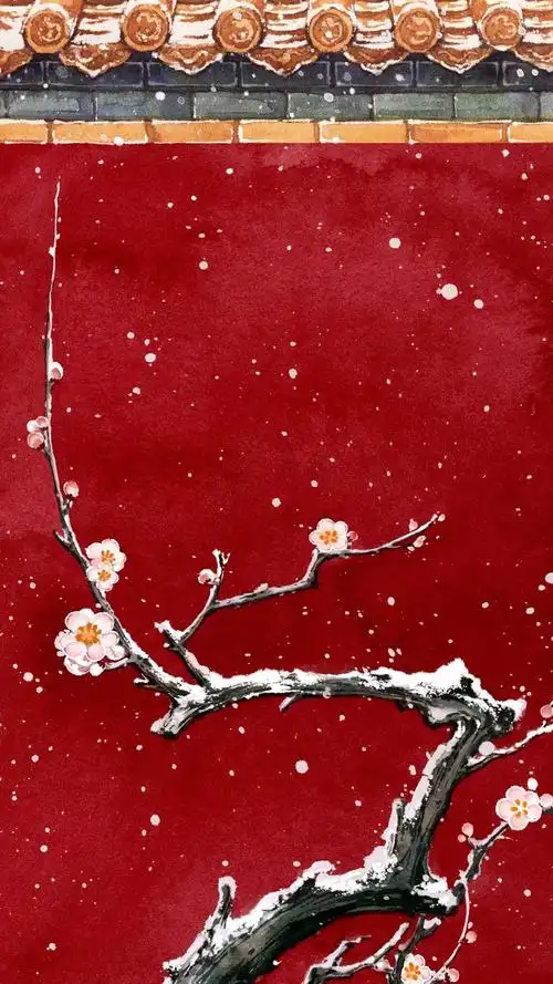 手绘故宫雪景壁纸与故宫红墙交相辉映大雪纷纷扬扬从空中落下故宫一起