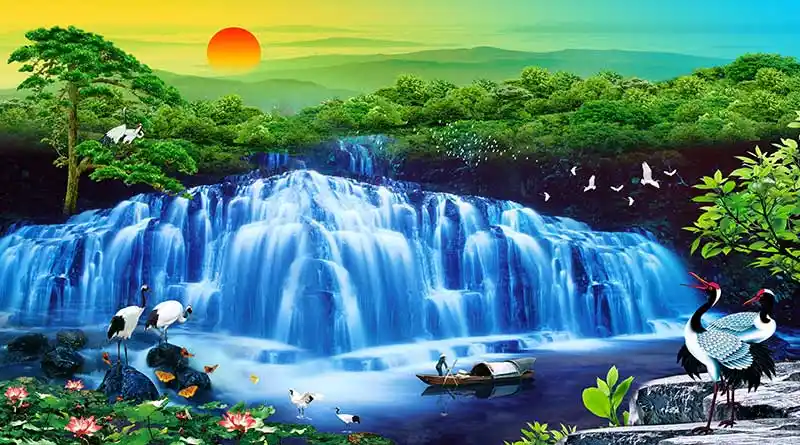 xt17255中式山水瀑布松树仙鹤太阳渔船太阳