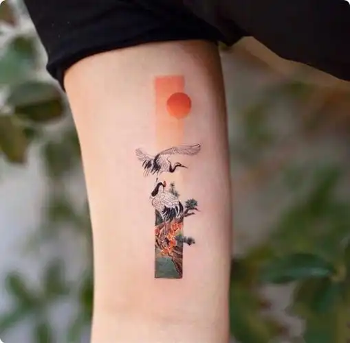 一组独特的长方形仙鹤纹身图片