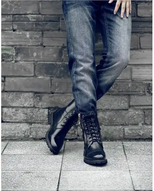 马丁靴男真皮拉链高帮男士皮靴英伦加绒中筒工装加绒战靴子男大码