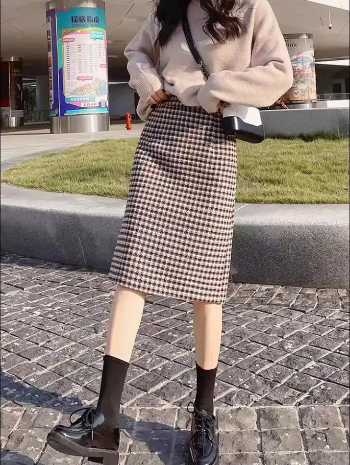 秋冬时尚千鸟格毛呢半身裙