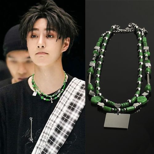 星期八潮牌饰品的优惠券大全—街舞4王一博同款项链绿玉石叠戴竹节