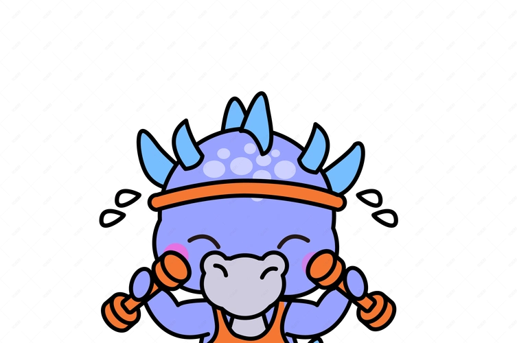 手绘插画q版可爱的小飞龙哑铃健身