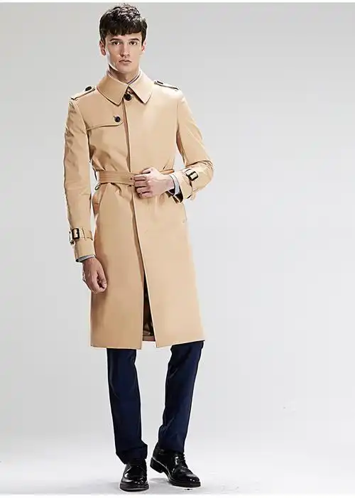 ursmart单排扣暗门襟长款男士风衣黑色束腰男外套 乌黑色 xxl