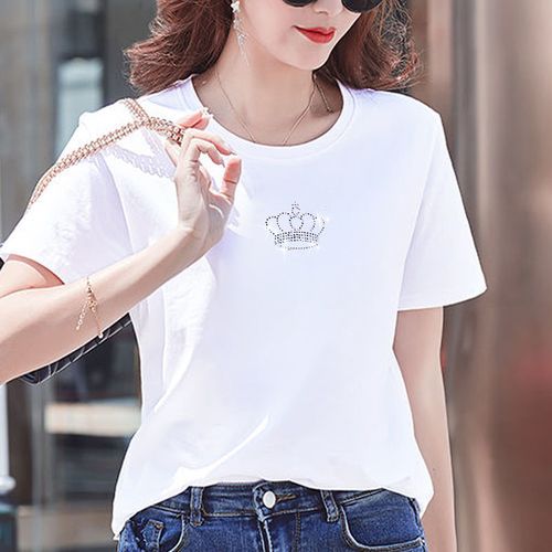 短袖t恤女宽松纯棉甜辣上衣夏装新款韩版时尚烫钻气质女装盐系t恤