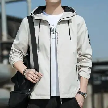 夹克男连帽外套春季新款休闲男装夹克衫薄款卡其色5xl