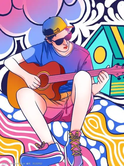 涂鸦风缤纷炫彩弹吉他男人插画