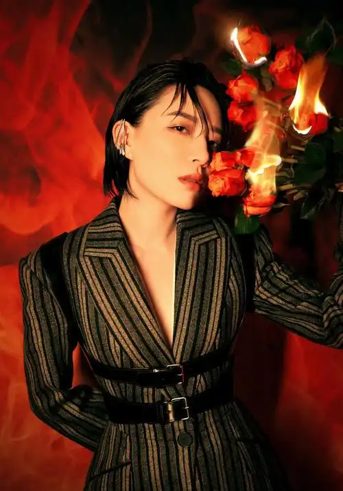 李斯丹妮超拼夜舞台造型,条纹西服,皮革背带装饰,潇洒率性