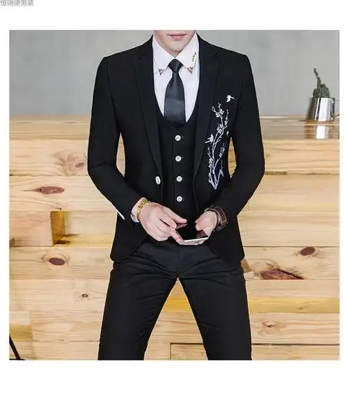 男装 西服 恒瑞德(hengruide) 恒瑞德晚礼服男套装三件套刺绣修身韩版