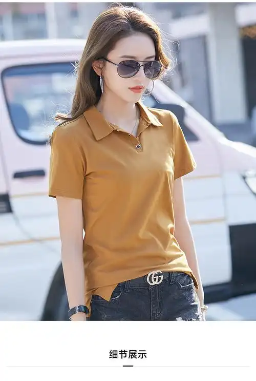 有领子的女士短袖上衣带领子2021年新款夏polo衫装体恤翻领t恤 卡其色