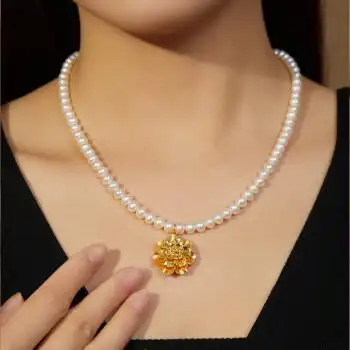 送妈妈母亲节礼物七夕情人节礼物送女友 【花开富贵】黄金珍珠项链 金