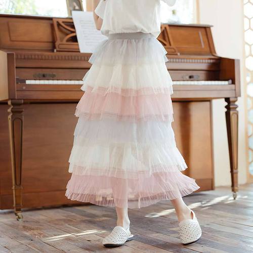 夏季女童半身裙韩版中大童女孩彩虹蛋糕裙公主蓬蓬网纱裙长裙子