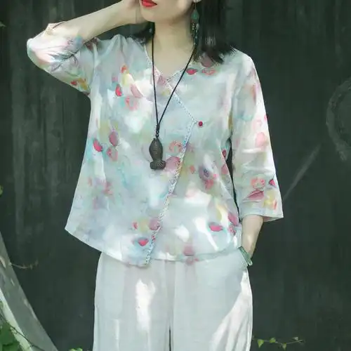 念江南棉麻上衣女2019新款民族风禅服缝边苎麻花瓣印花短款衬衫