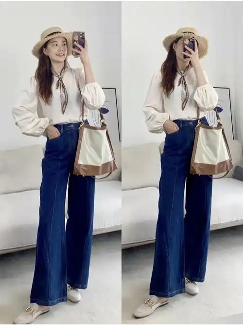 牛仔阔腿裤穿搭:简简单单的花苞袖的上衣浅米色,褶皱和袖口衣片的设计