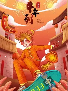 2021牛年到庆元旦插画海报元旦手绘国潮元旦快乐新年快乐促销海报可