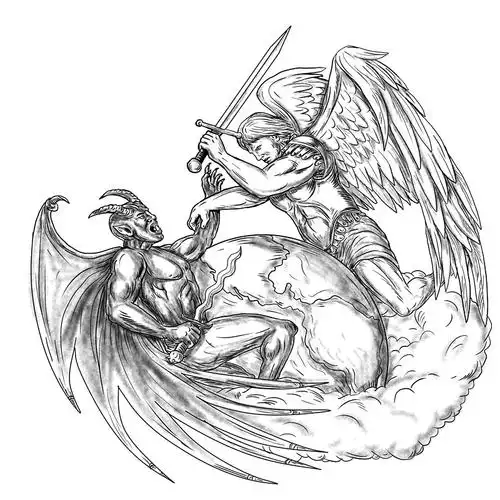 天使,争斗,魔鬼,上方,地球,世界,纹身