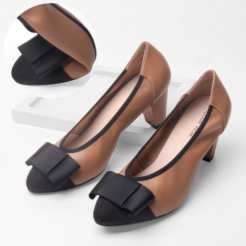 粗跟高跟鞋尖头瓢鞋真皮单鞋春季2021新款韩版百搭大码蝴蝶结女鞋