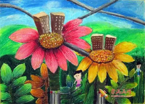 五年级优秀科幻画作品赏析《未來的花世界》