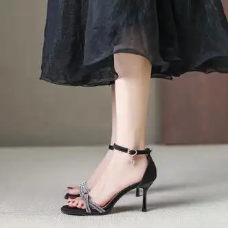 她他tata细跟露趾小众凉鞋仙女鞋高跟鞋水钻法式一字扣带凉鞋黑色35