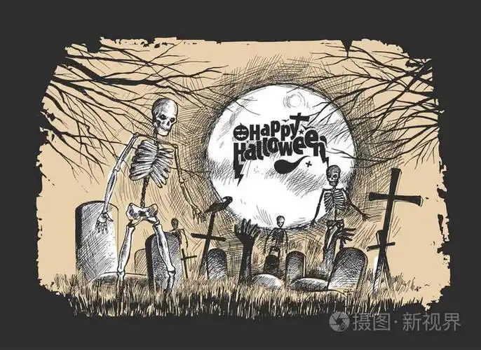 可怕的墓地-万圣节黑色背景, 手绘素描