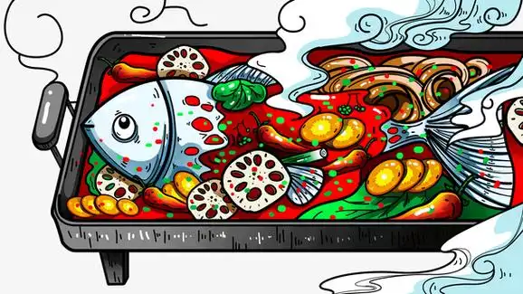 手绘烤鱼美食聚餐插画