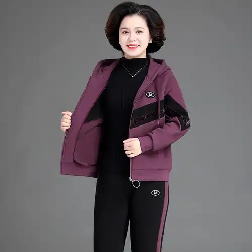均妮妈妈秋装运动服套装女冬装上衣中老年女装秋冬外套加绒加厚两件套
