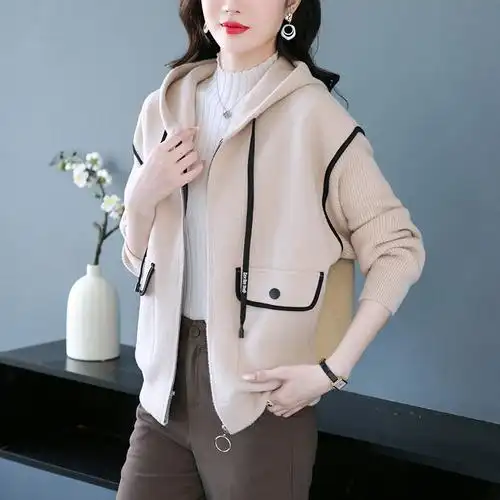 女士连帽短外套秋季2022年新款春秋女装爆款秋冬加厚妈妈秋装上衣