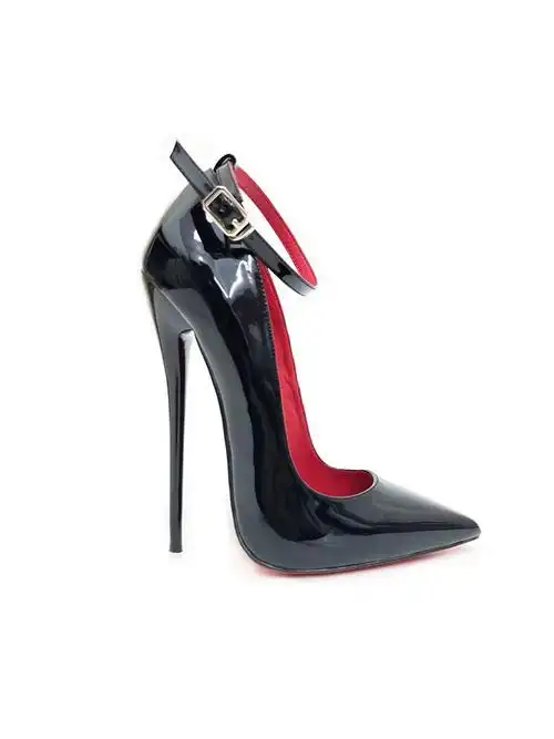 4345大码漆皮红里红底细跟一字带单鞋男女鞋16cm恨天高尖头高跟鞋