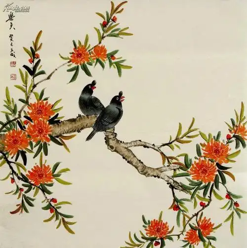 王成工笔花鸟《乐天》(四尺斗方) 构图高雅 画工精湛 栩栩