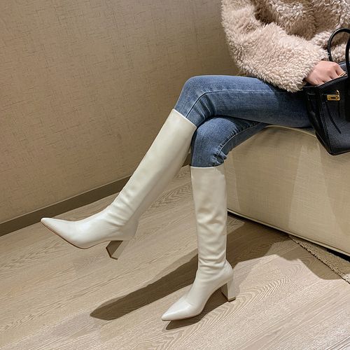 雨丝家白色高筒靴粗跟长靴秋冬靴子高跟尖头骑士弹力靴