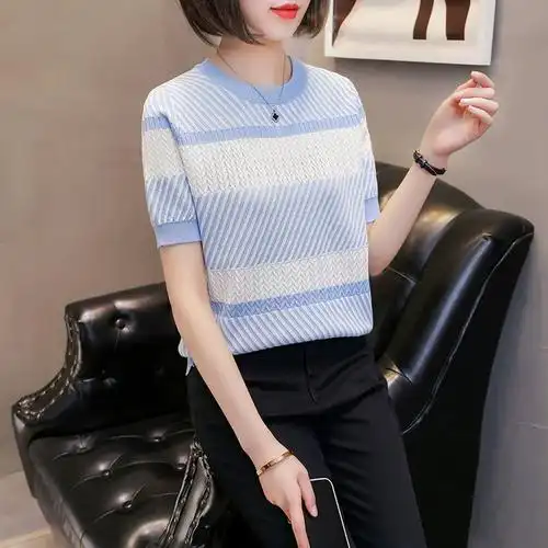 24新品 t恤 夏季 圆领条纹冰丝针织衫 修身 - 女装/女士精品 - 备货网