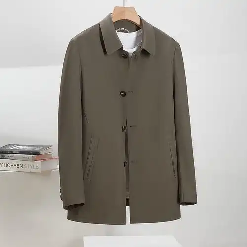 中长款外套男卡其色翻领高级感商务男装中青年上衣休闲男士风衣