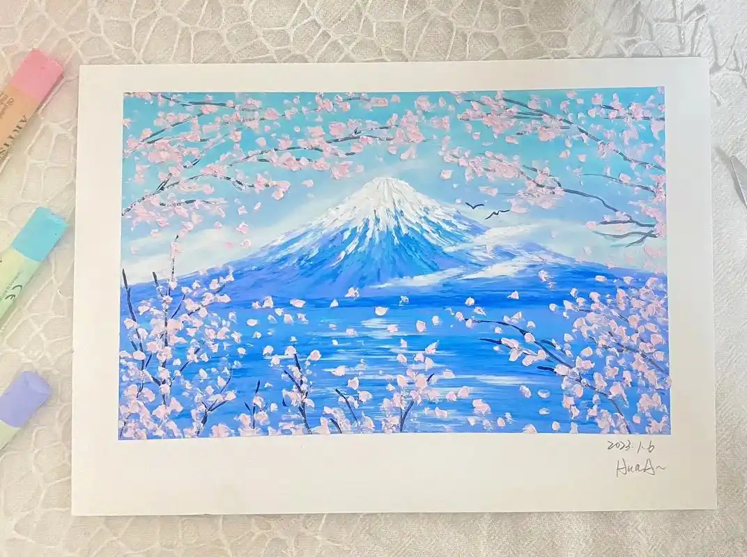 油画棒61富士山樱花94(附颜色步骤)富士山留不住欲落的樱花  - 抖