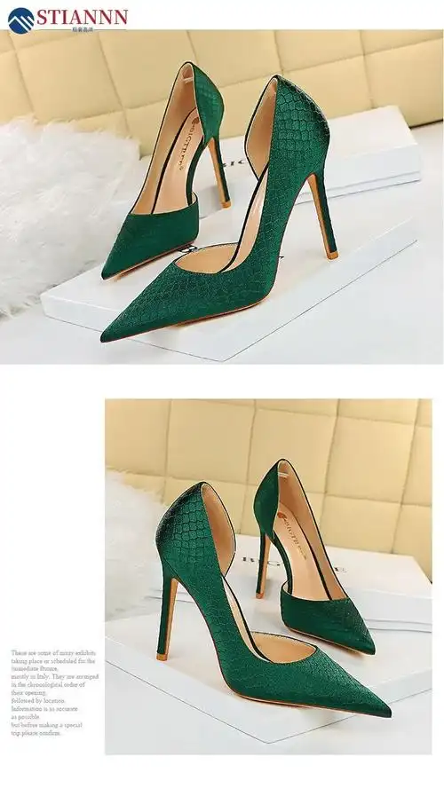 st斯汀轻奢品牌高跟鞋女欧美时尚性感宴会细跟超高跟浅口侧镂空蛇纹