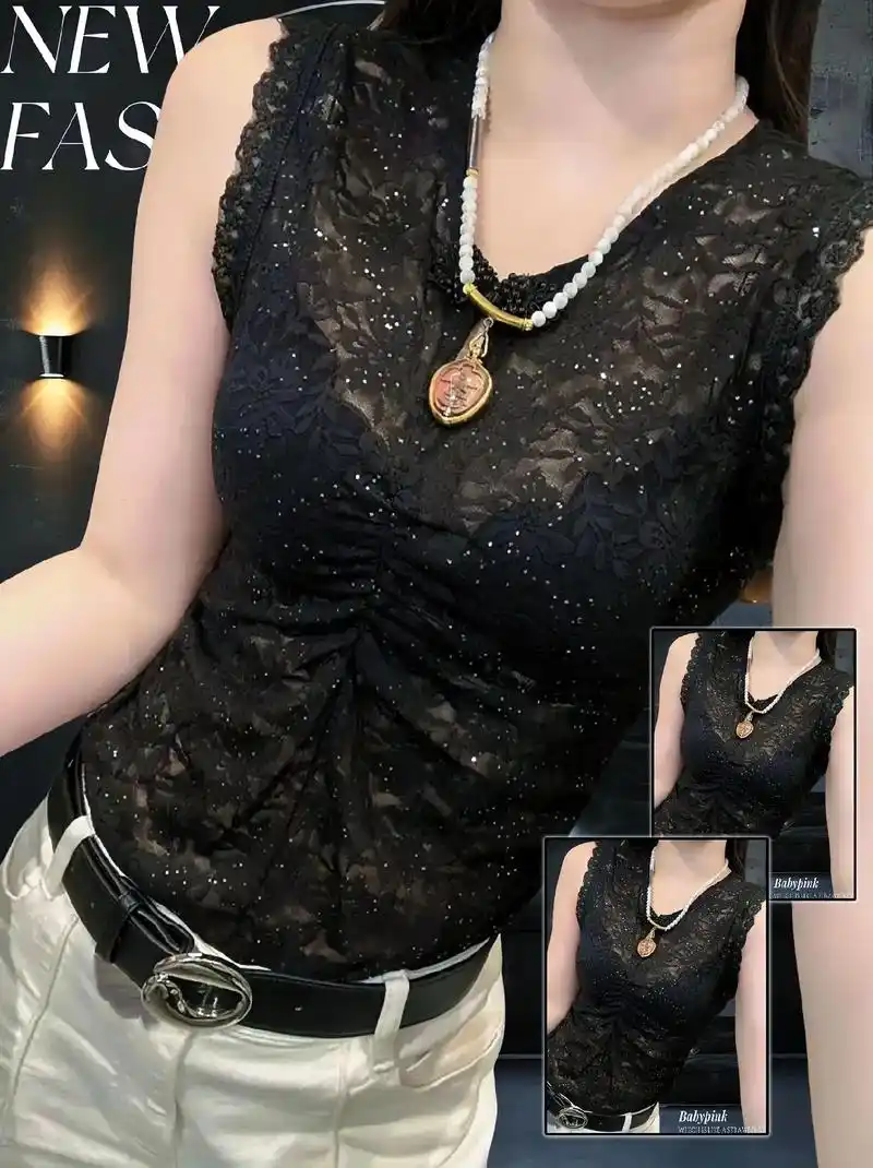 姐妹们～欧货夏新款性感蕾丝背心女复古盘扣气质修身外穿微透镂空无袖