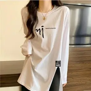 打底衫白色纯棉中长款女遮屁股t恤设计感开叉宽松内搭长袖春秋季