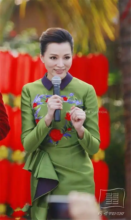 明星礼服女主主持人短款绿色长袖董卿同dress刺绣礼服