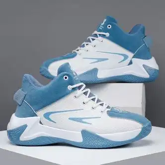 鸿星尔克秋季运动鞋男鞋网面透气新款高帮学生篮球鞋球鞋厚底秋季白蓝